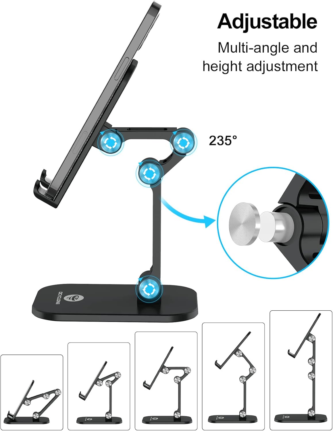 Black OCYCLONE foldable desk stand showing multi-angle and height adjustment for mobile phones and tablets with 235-degree rotation.