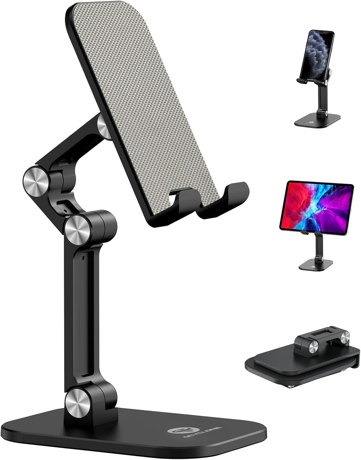OCYCLONE adjustable foldable phone and tablet stand in black, height and angle adjustable desk holder for smartphones and iPads, portable aluminum design with non-slip base.