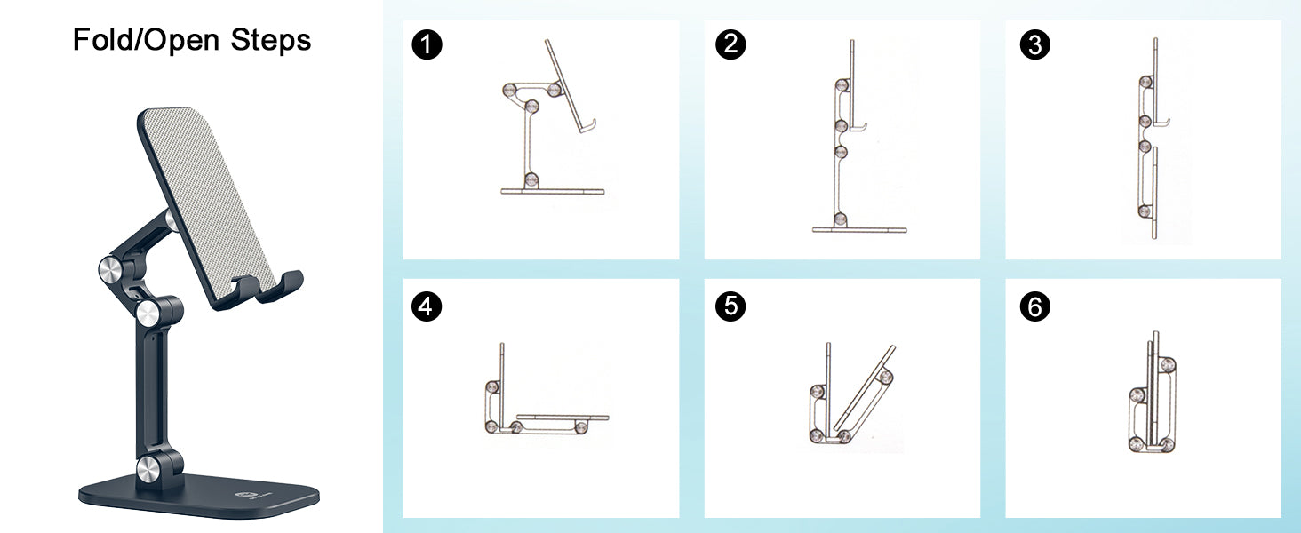 OCYCLONE foldable phone and tablet stand showing step-by-step folding and opening instructions with 6 adjustment positions.