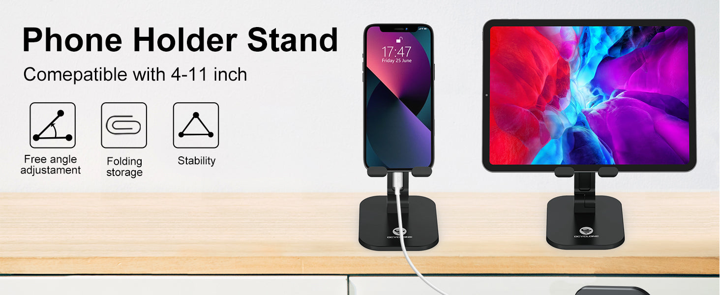 OCYCLONE phone and tablet holder stand compatible with 4–11 inch devices, featuring free angle adjustment, foldable storage design, and stable base