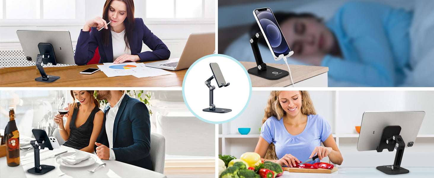OCYCLONE adjustable phone and tablet stand used for office work, charging at night, cooking in the kitchen, and dining, versatile desk holder for daily use.