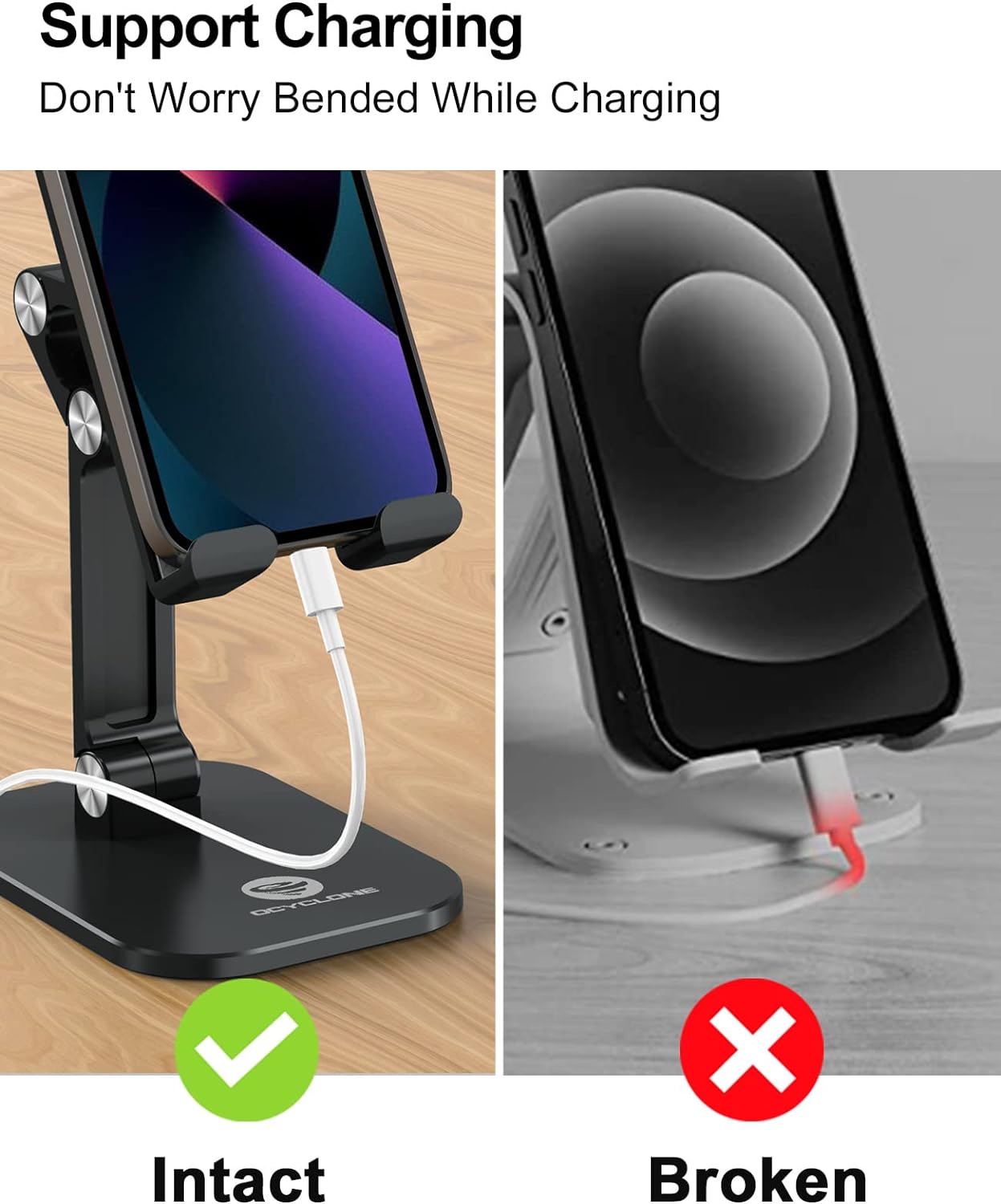 OCYCLONE phone stand supporting charging with cable intact, compared to unstable holder that bends and damages charging cable