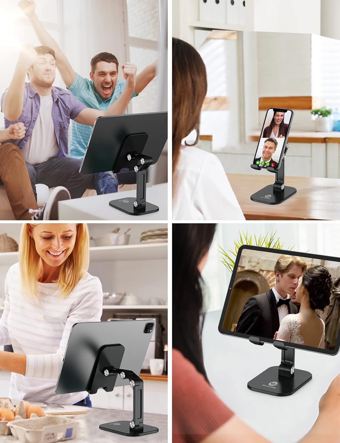 OCYCLONE adjustable phone and tablet stand used for video calls, cooking tutorials, movie watching, and gaming, versatile desk holder for home and office