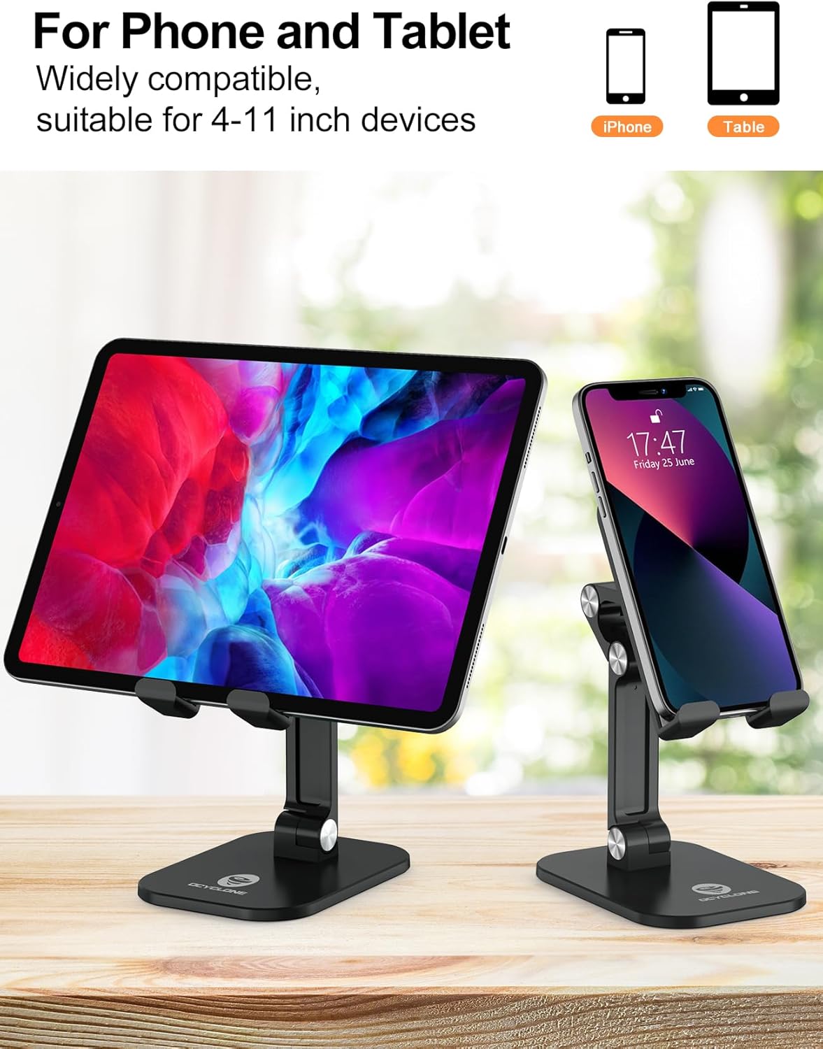 OCYCLONE adjustable desk stand holding tablet and smartphone, universal holder compatible with 4 to 11 inch devices for iPhone, iPad and Android.