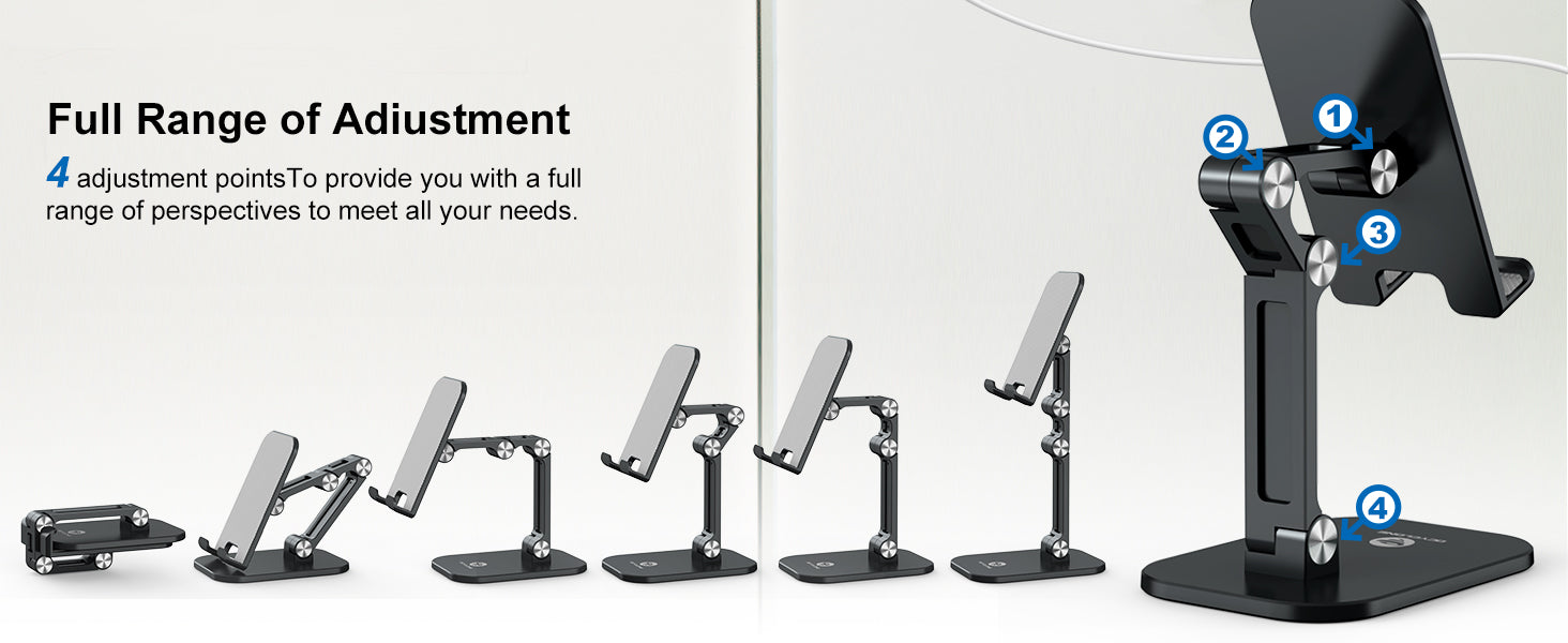 OCYCLONE adjustable phone and tablet stand with 4 adjustment points, full range of height and angle positions, foldable portable desk holder